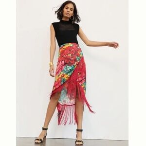 Farm Rio for Anthropologie Red Floral Fringed Wrap Skirt